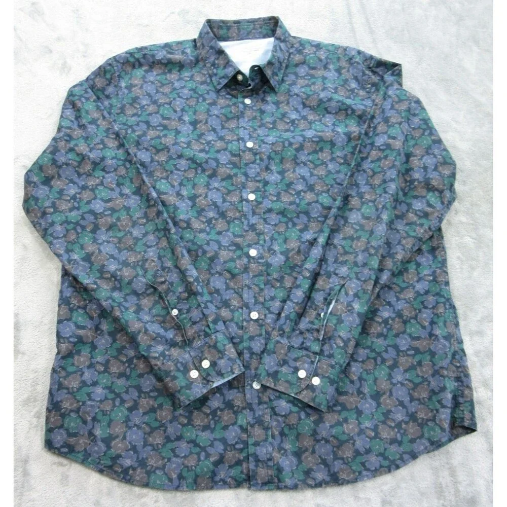 Banana Republic Shirt Men's XL Untucked Slim Fit Floral Print Blue Green Preppy